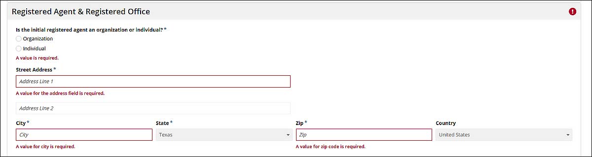 The error text appears under its related form field.