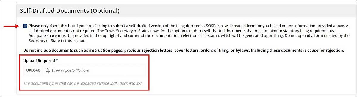 The checkbox for the Self-Drafted Documents (Optional) section is displayed above the Upload button.