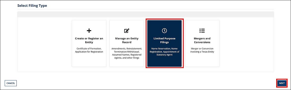 On the Select Filing Type screen, the third tile, Limited Purpose Filing is selected. 