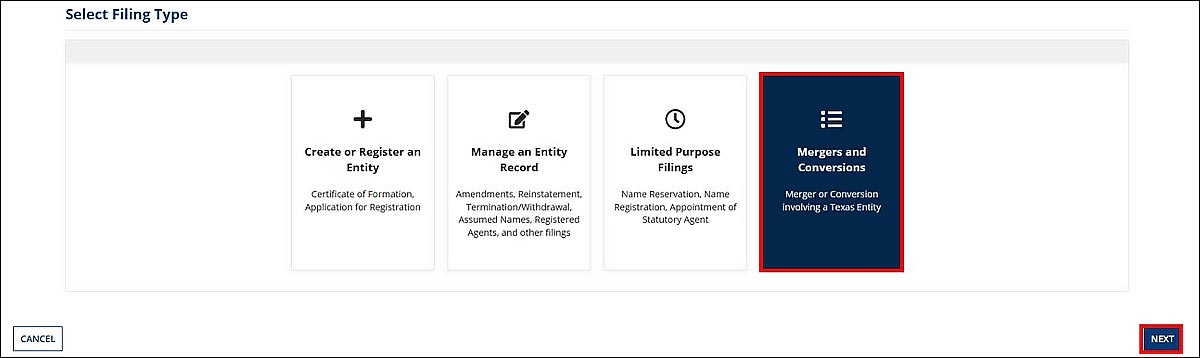 On the Select Filing Type screen, the fourth tile, Mergers and Conversions is selected. 