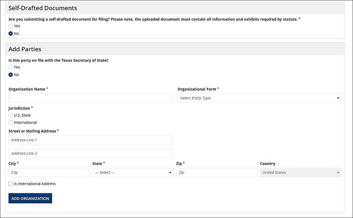 The next screen displays radio button options for Self-Drafted Documents and Add Parties. Fillable and drop down fields are also displayed.