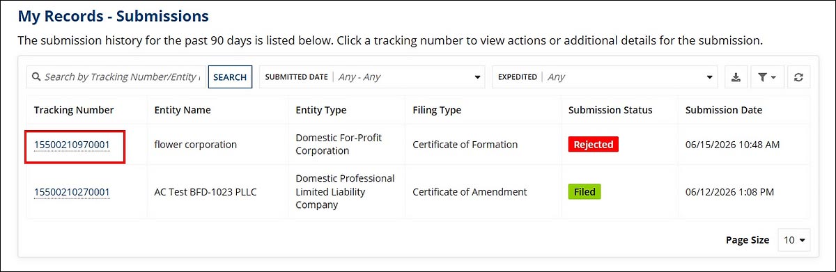 The rejected notification will appear under the Submission Status column.