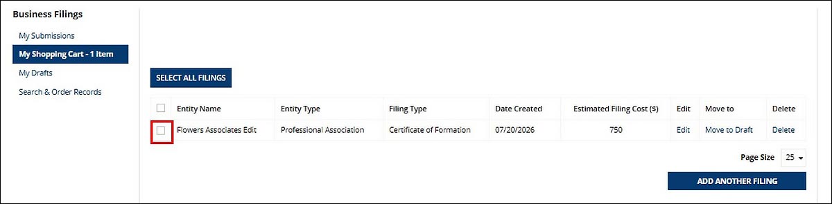 The checkbox is displayed before the Entity Name column.