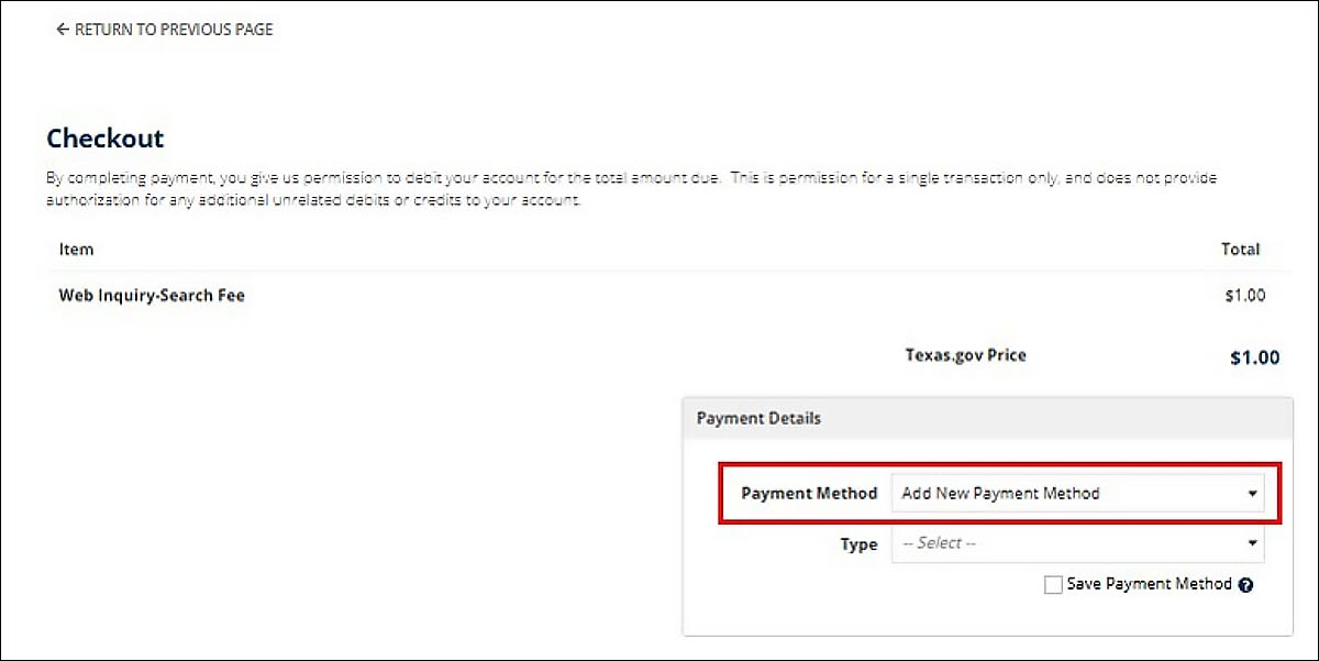 Checkout screen is displayed with the Payment Method dropdown menu field selected. 