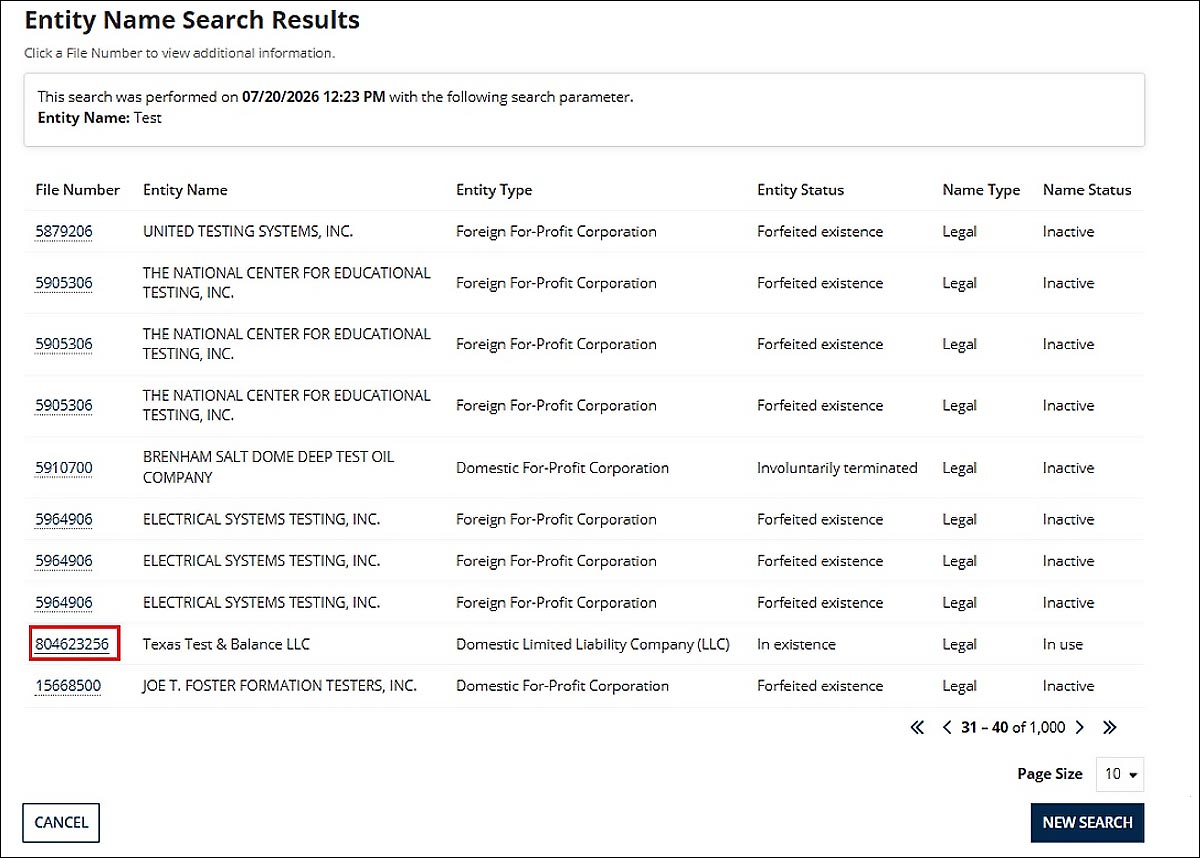 File Number links are displayed within the first column of the table. 