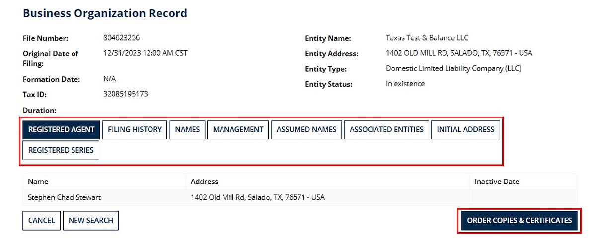 On the Business Organizatinon Record screen, the Order Copies  & Certificate button can be accessed at the bottom of the screen. 