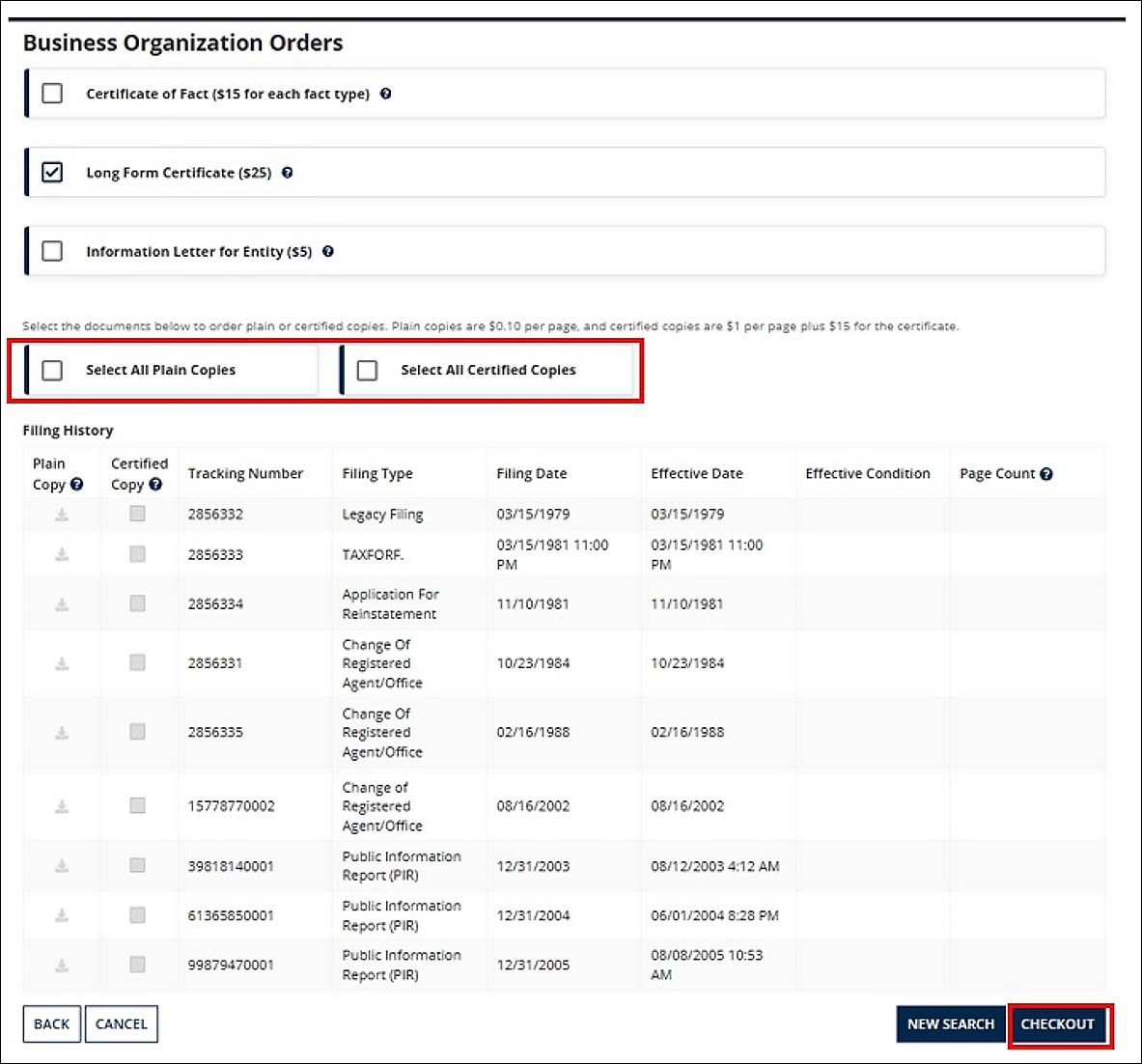 There are checkboxes for Select All Plain Copies and Select All Certificate Copies. 