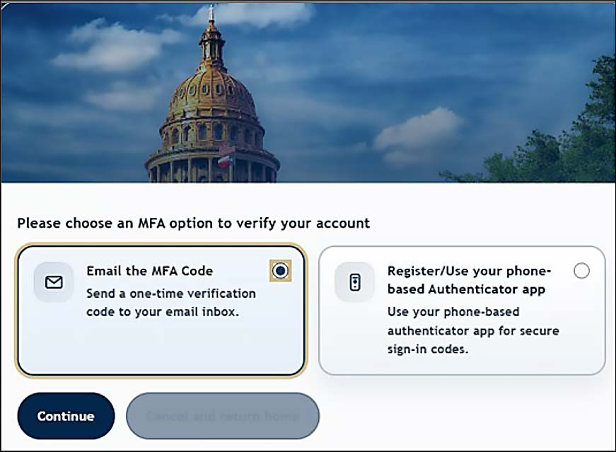 The screen shows options for email the MFA code or Register using your phone based authenticator application.