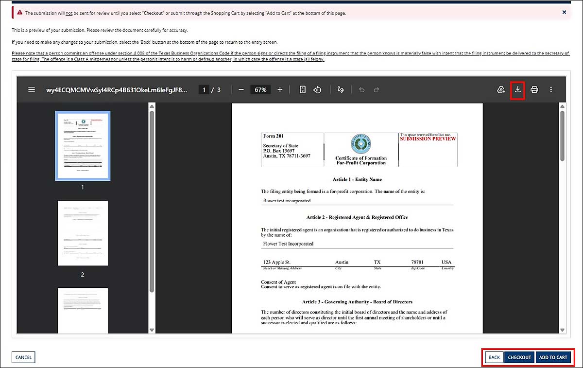 This screen displays a PDF file that has data entered into it.