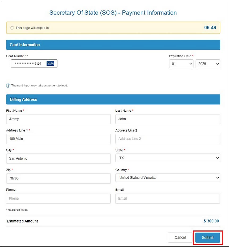 Payment informatin page will display contact related fields for address and email. 