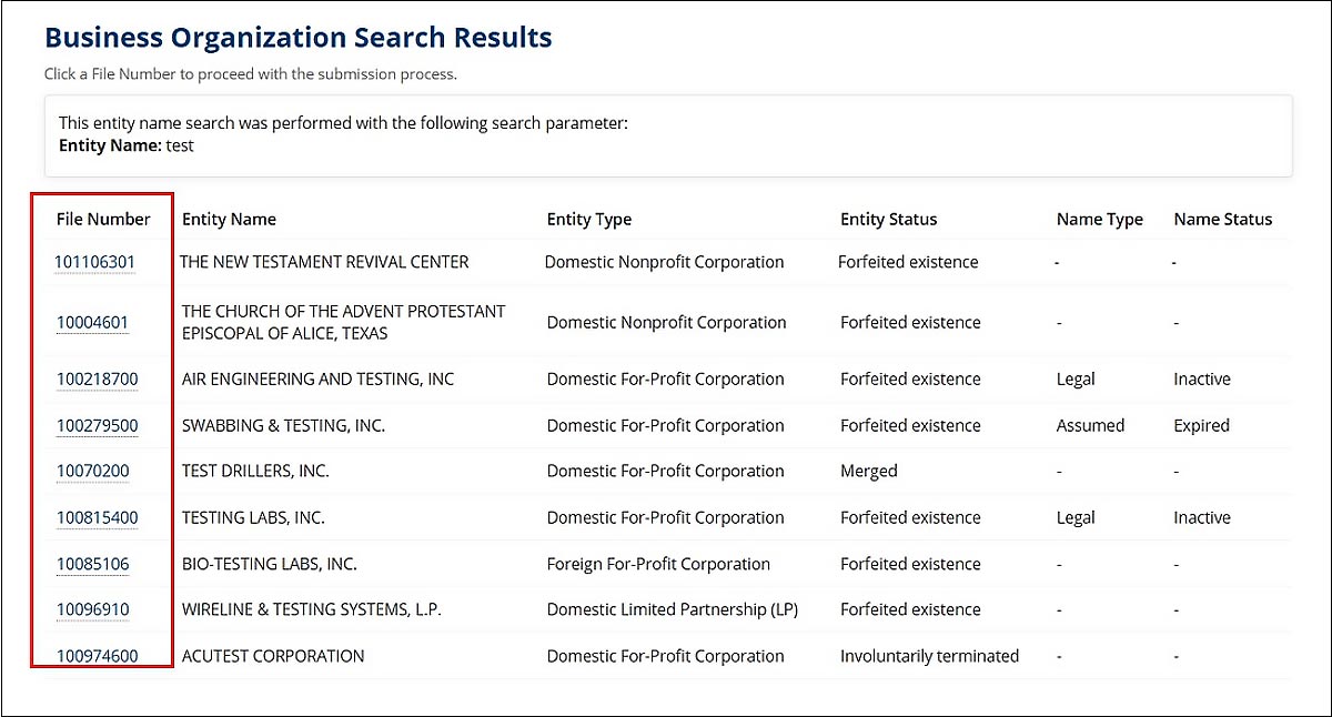 A table appears under the Business Organization Search Results screen. The first column displays the File Numbers.