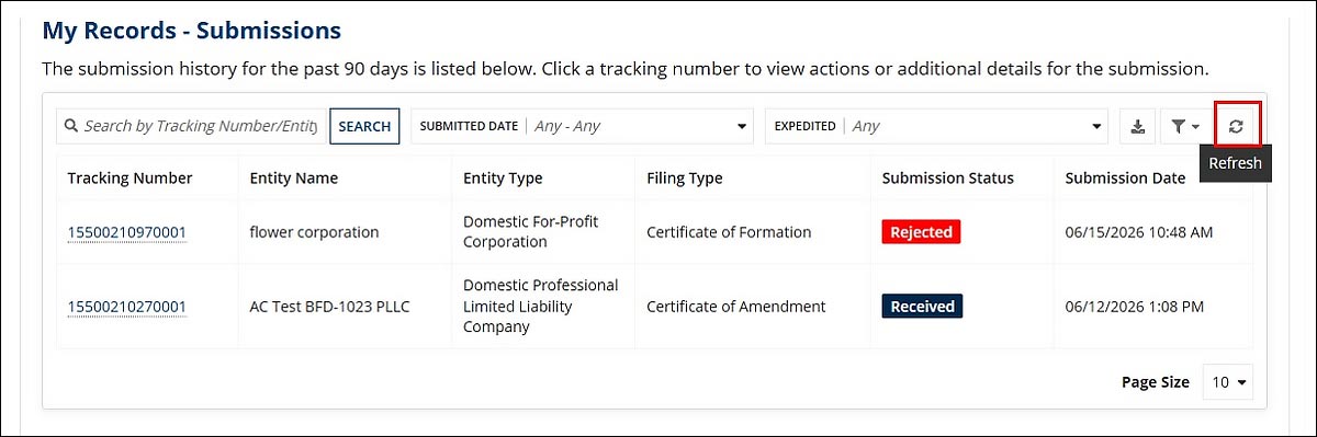 My Records - Submissions page displays a submissions table displaying tracking numbers, entity names, entity types, Filing types, submission statuses and submission dates.