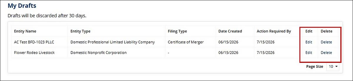 The Edit and Delete links are displayed under their appropriate columns at the end of the table. Other columns displayed are for Entity Names, Entity Types, Filing TYpes, Dates created and Action Required by. 