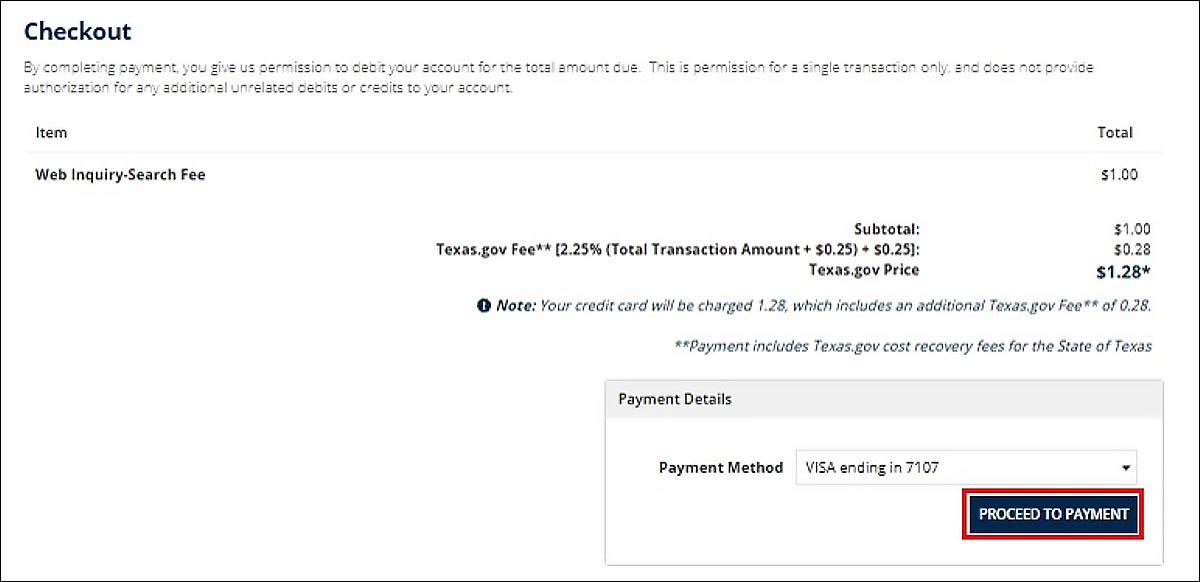 On the Checkout screen, the Proceed to Payment button is selected. 
