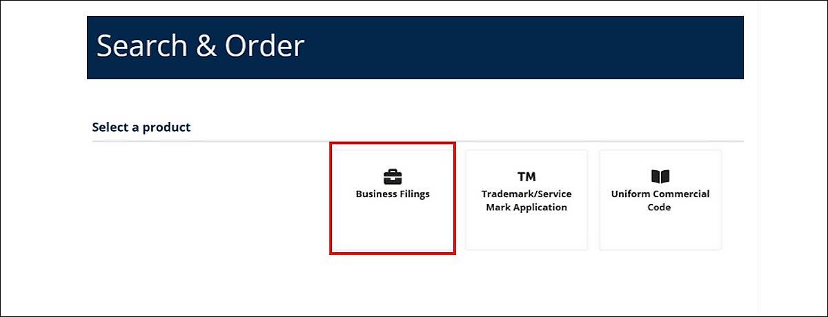 On the Search & Order page, the first tile, Business Filings is selected.