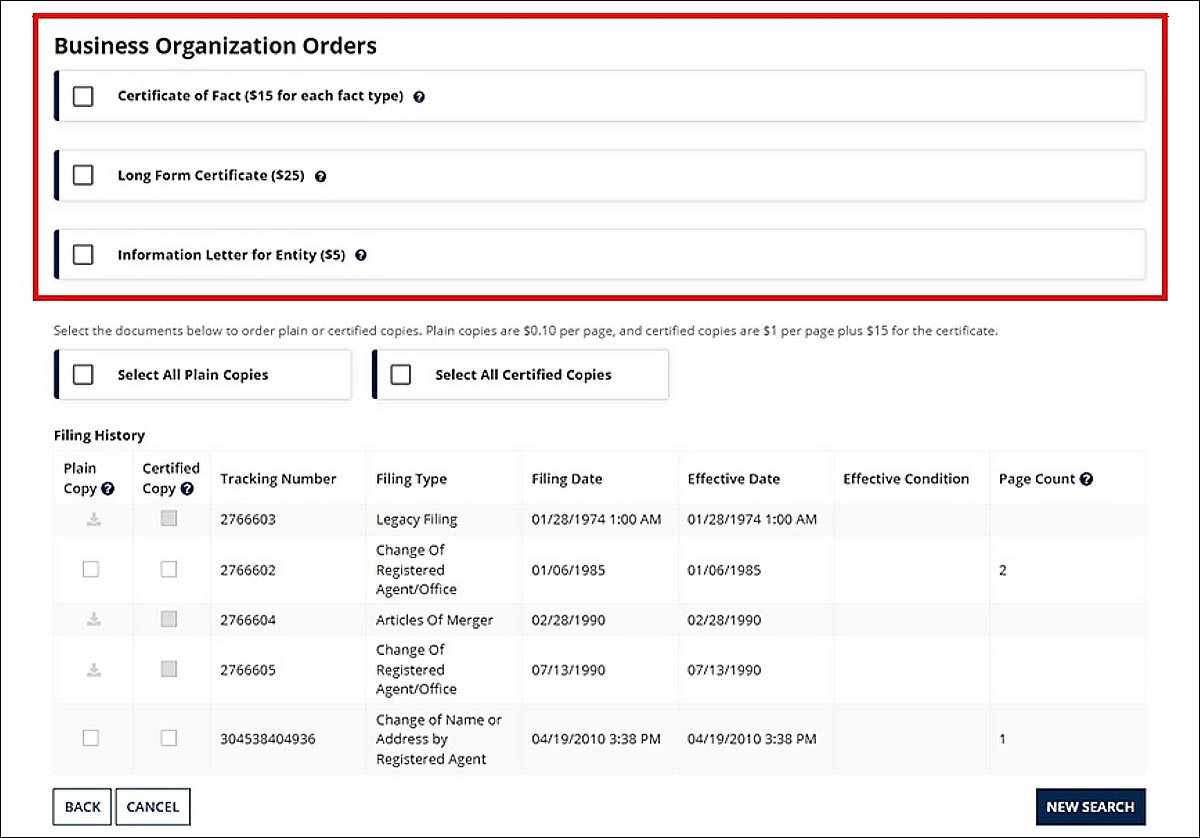 Under the Business Organization Orders, their are checkboxes for Certificate of Fact ($15 for each fact type), Long Form Certificate ($25), and Information Letter for Entity.