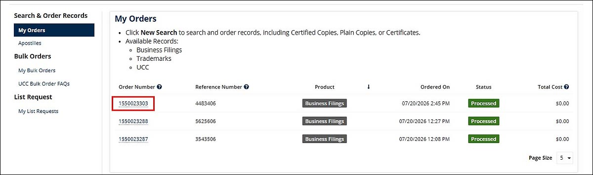 Under the My Orders screen, the Order Number links are displayed in the first column.