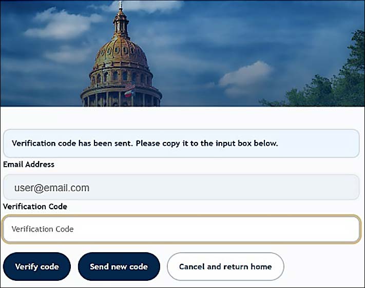 This screen shows verification code has been sent. There are form fields for email address and verification code. There are buttons for verify code, send new code, and cancel and return home.