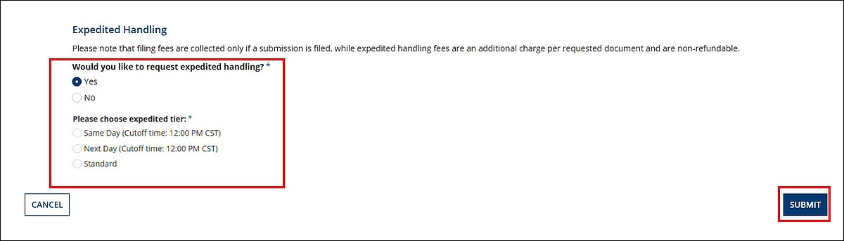 This screen displays, would you like litke to request expedited handling? Then three radio button for the time frame you want. 