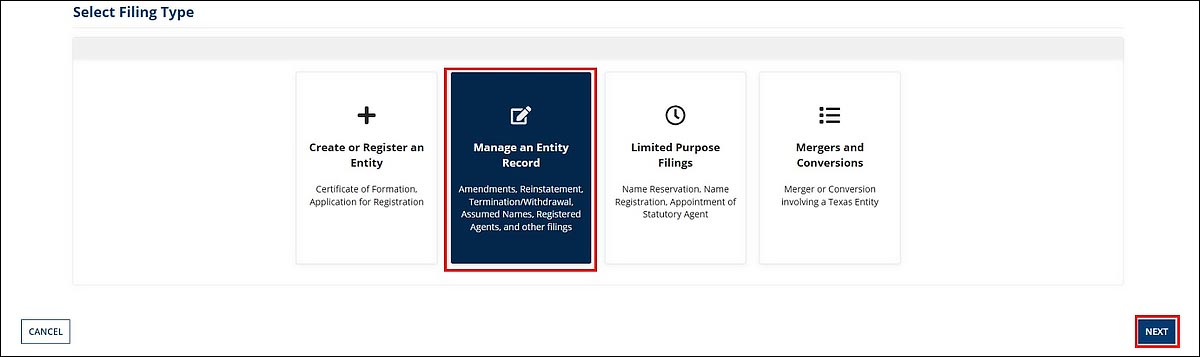 The Manage an Entity Record tile is selected. It is displayed as the second tile on the screen. 