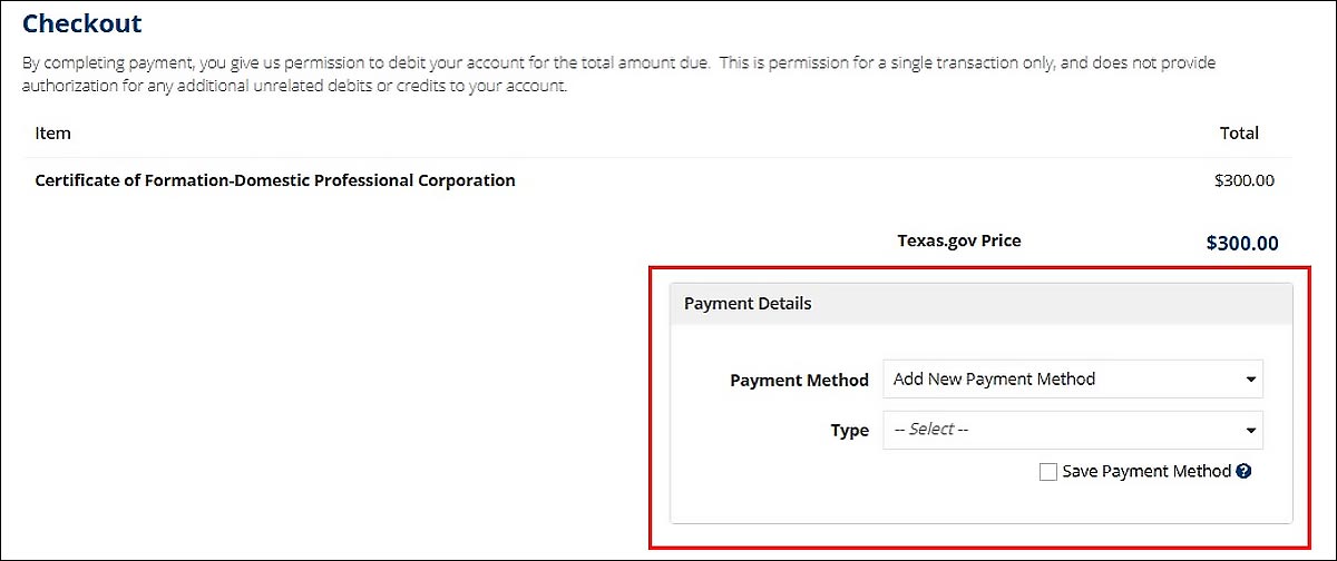 The Checkout screen displays dropdown menus for the payment method and type. 