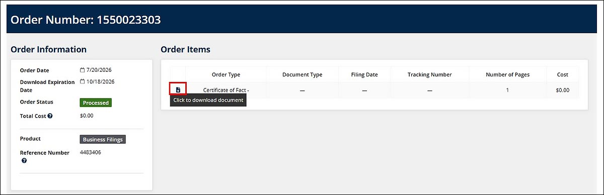 The file icon is displayed within the first column under the Order Items heading. 
