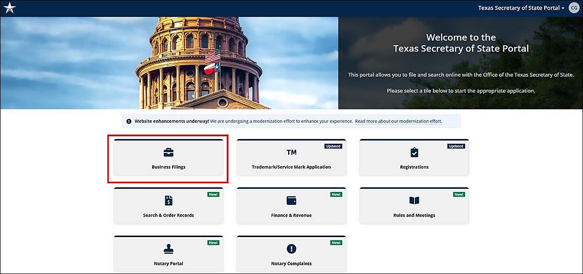 Business Filings which is displayed as the first tile is selected. 