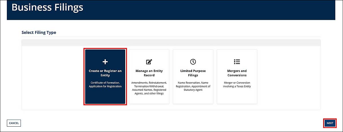 Create or Register an Entity file is selected. 