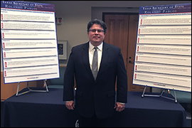 Secretary Pablos standing next to two posters