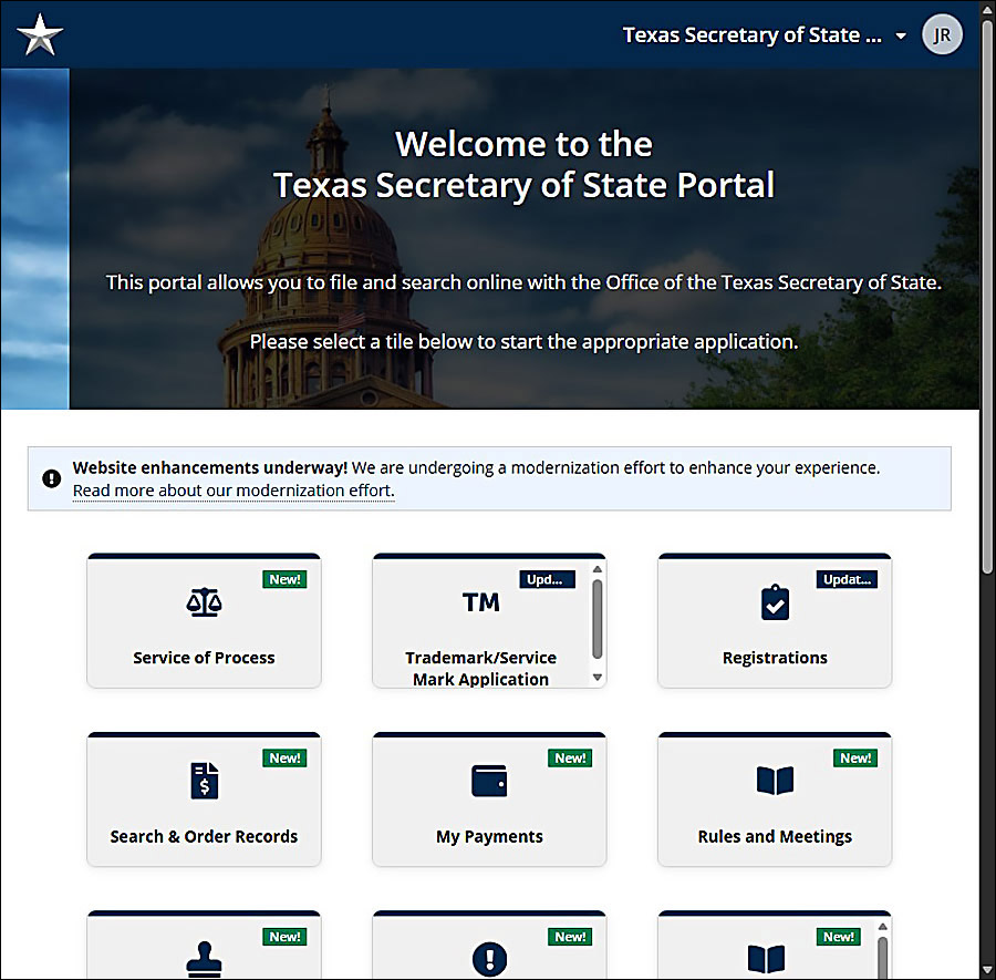 The portal page displays different tiles. Each of the tiles accesses a different application. Some of the applications represented by tile links are Service of Process, Trademark, Registrations, Search and Order Records and My Payments to name a few.
