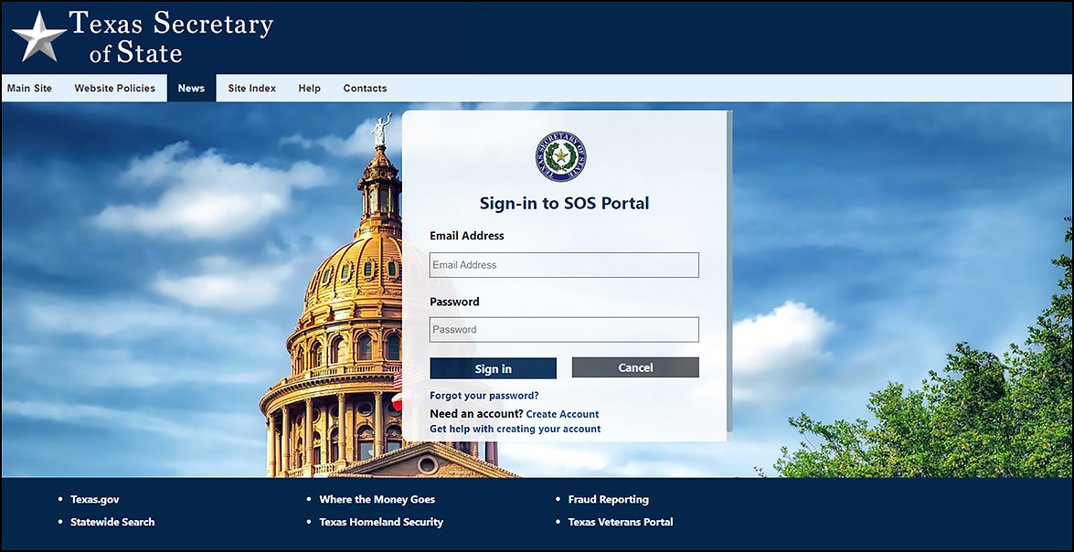 Sign-in to SOS Portal screen. Forms fields for email address and password.