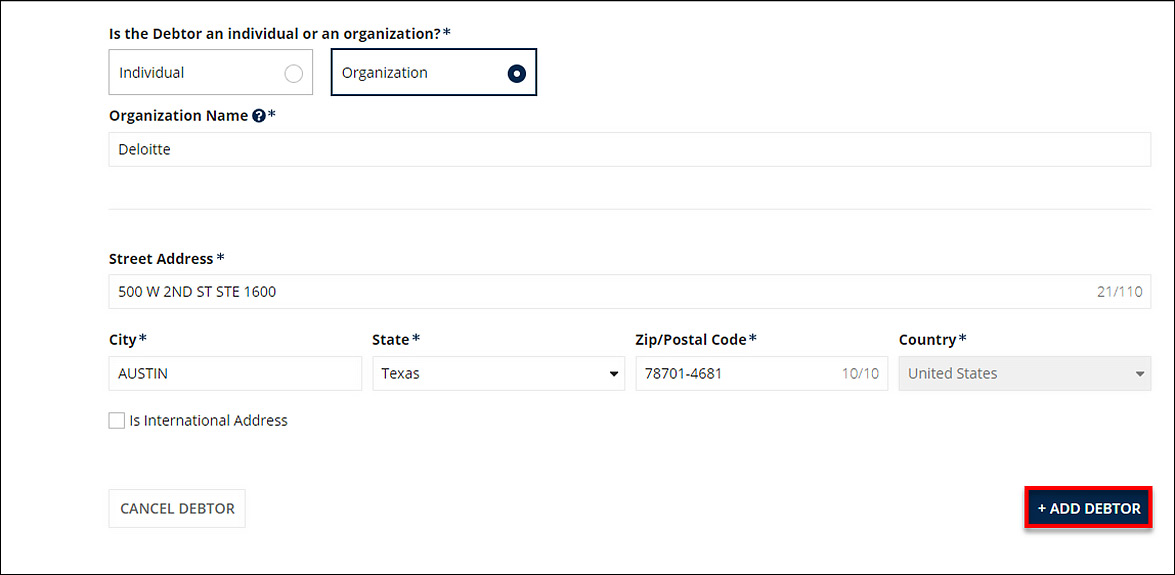 There are contact information form fields and the Add Debtor button is selected.