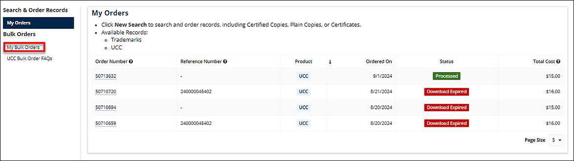 My Bulk Orders link is displayed within the left-hand navigation.