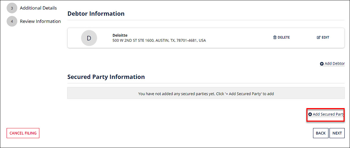 In the Secured Party Information section, the Add Secured Party link is selected.