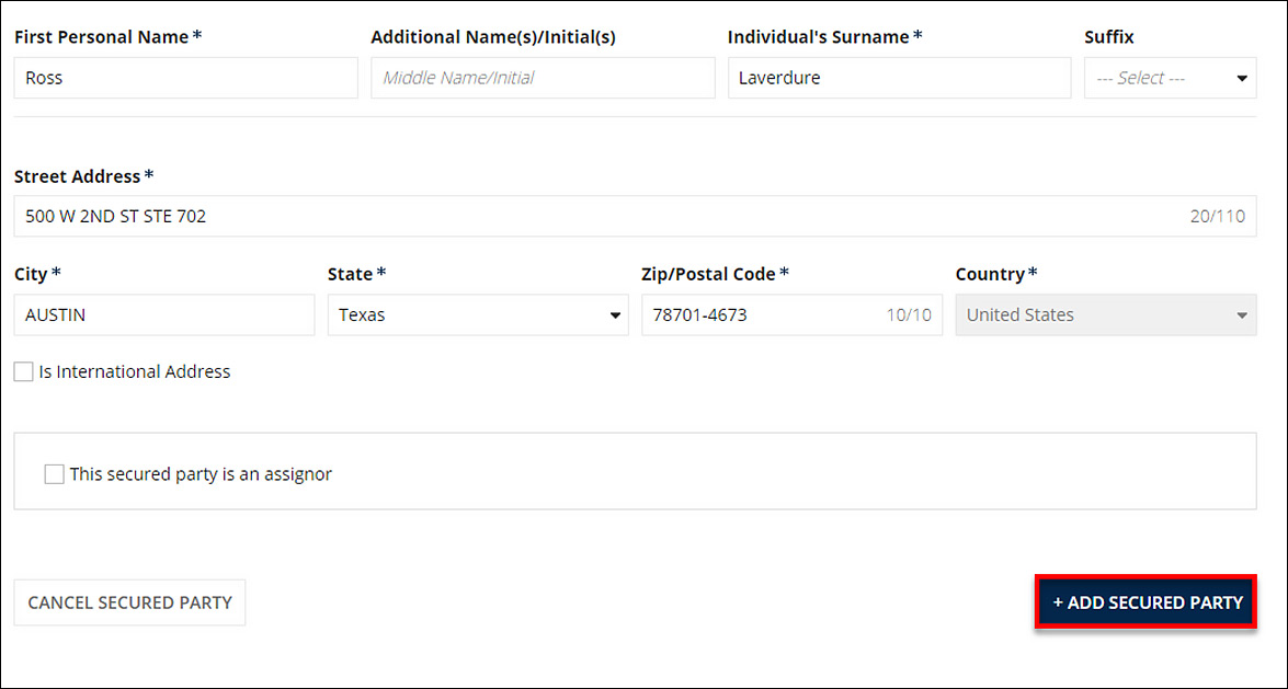 The Add Secured Party button is selected and appears underneath the contact form fields.