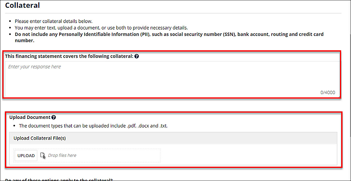 Form field for "This financing statement covers the following collateral" and button for "Upload Document".