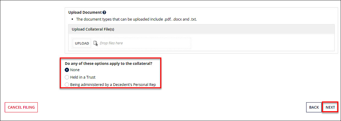 Radio buttons for "Do any of these options apply to the collateral?"