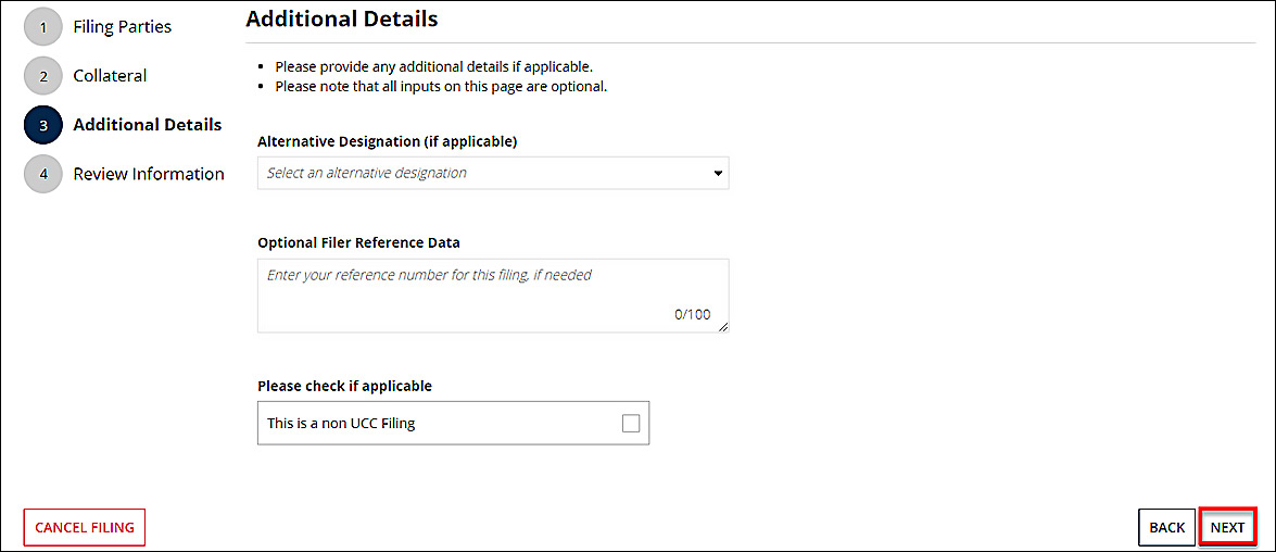 Drop down field for "Alternative Designation (if applicable)", form field for "Optional Filer Reference Data" and checkbox for "This is a non UCC Filing".