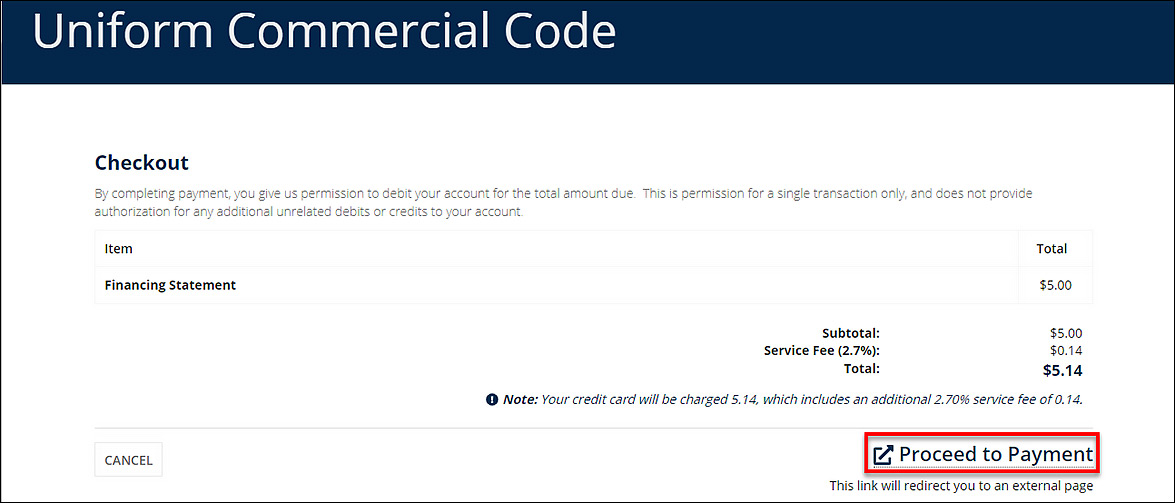 The "Proceed to Payment" link will redirect users to an external page.