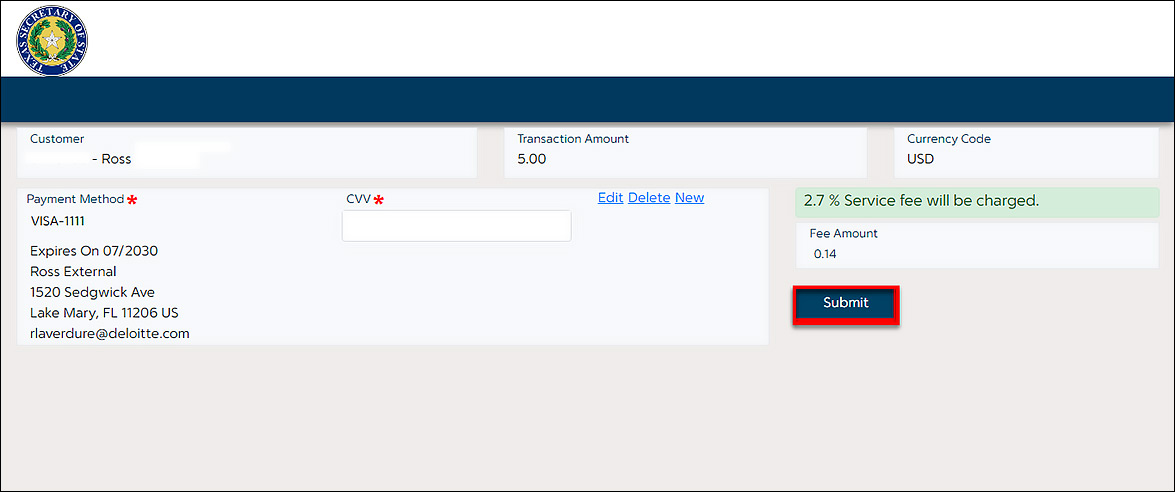 Credit card payment information is diplayed and the Submit button is selected.