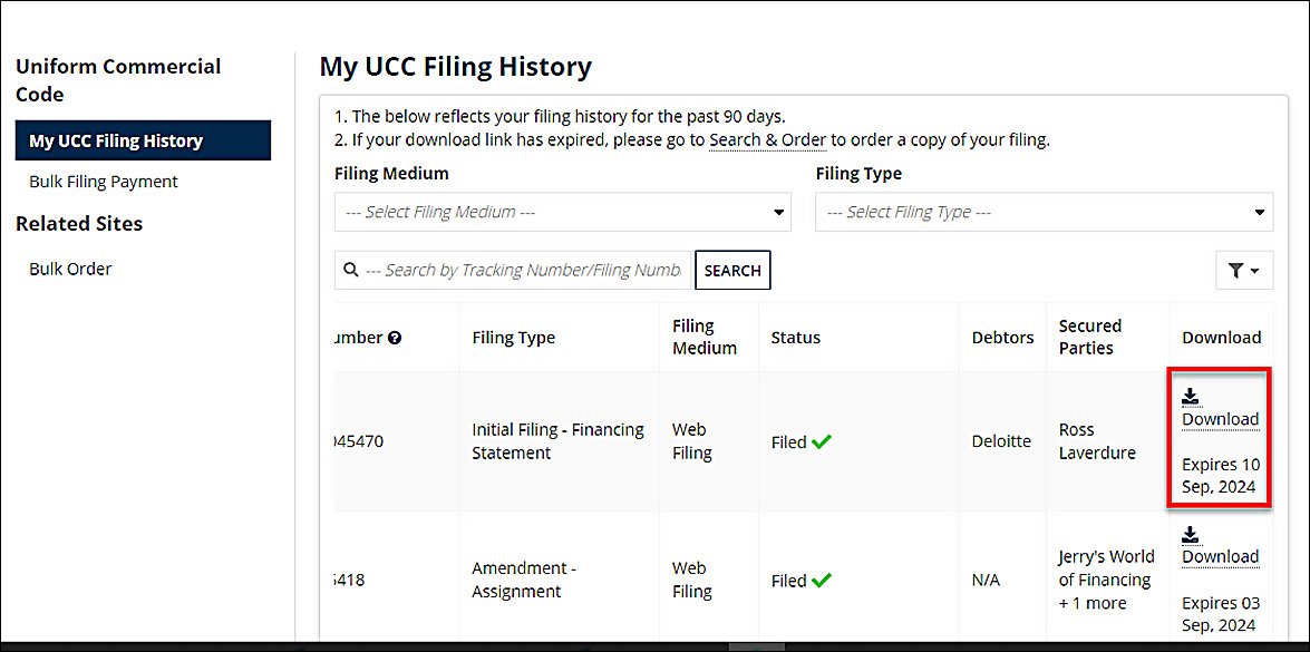 Screenshot of "My UCC Filing History" screen. Can see information within the table.