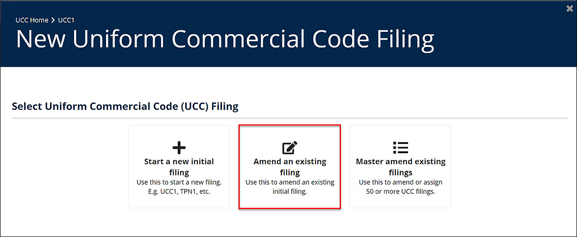 The "Select Uniform Commercial Code (UCC) Filing" screen shows the "Amend an existing filing" tile selected.