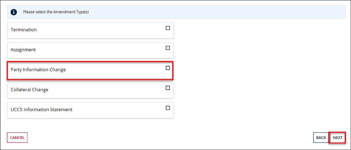 This screen displays checkboxes for the available options. The "Party Information Change" checkbox is selected.