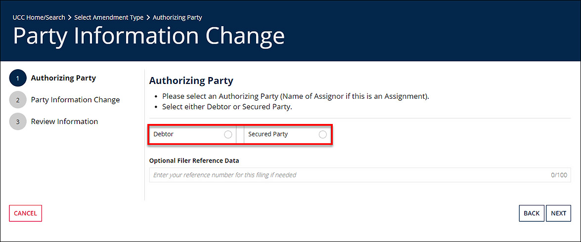 Radio buttons are displayed for "Debtor" and "Secured Party".