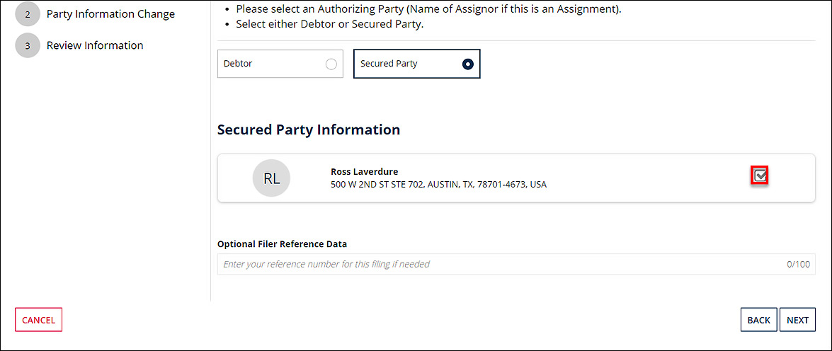 The "Secured Party" radio button is also selected.