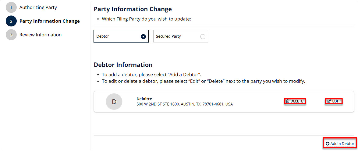 Options appear under the Debtor Information section of the screen.