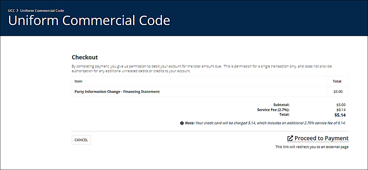 The "Proceed to Payment" link will redirect users to an external page.