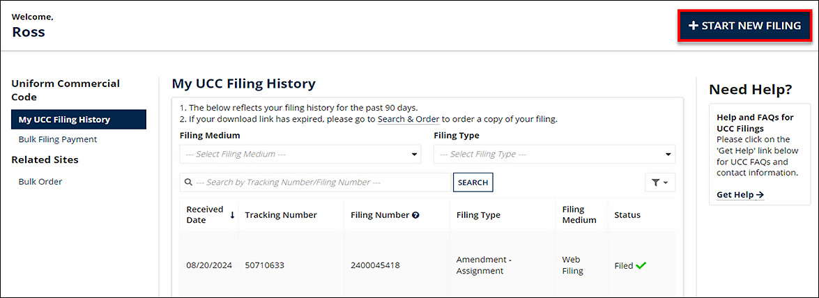 Same My UCC Filing History screen. The Start New Filing button is displayed at the top of  the screen.