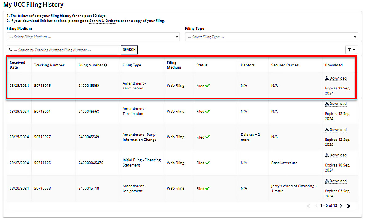 Information appears within a table within the My UCC Filing History screen.