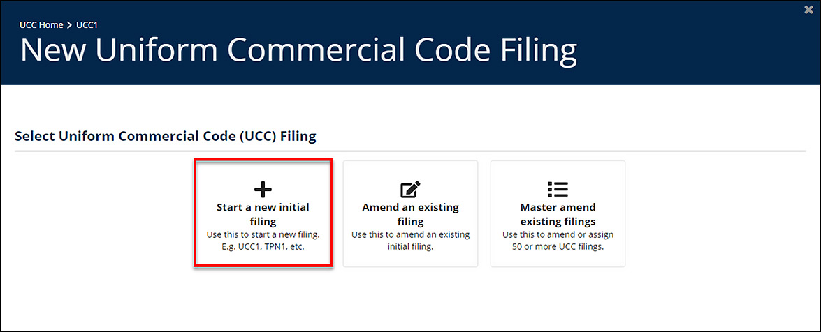 Select Uniform Commercial Code (UCC) Filing screen. The Start a new initial filing tile link is selected.
